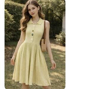 VTG Cache sleeveless collared Cotton dress novelty buttons Lime Green Sz Medium